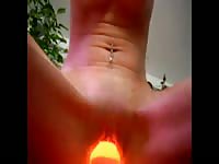 Creative insertion porn features tight bodied teen straddling and riding her glowing lava lamp