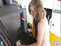 Nude blonde pays for gas using her body