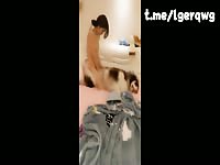 gorgeous Chinese teen girl play with her dog brother