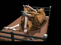 Hentai MILF getting fucked by two dogs on the bed