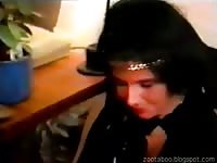 Sexy brunette enjoying dog sex on the couch