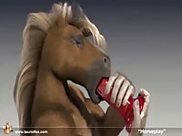 Furry horse sucking a huge red dildo